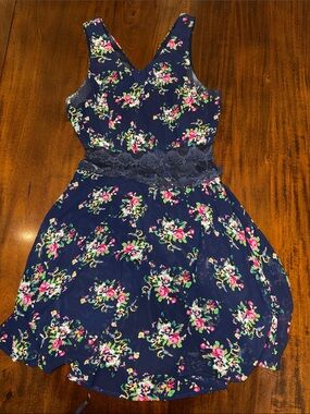 Alythea Navy Floral Lace-Waist Casual Dress